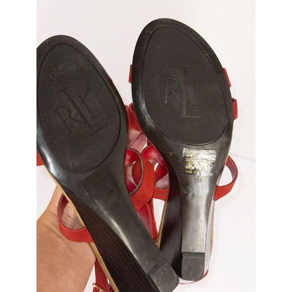 Ralph Lauren Demi Wedge Sandal Red Leather Strappy Gold Buckle Comfort 9.5 B - Picture 10 of 16